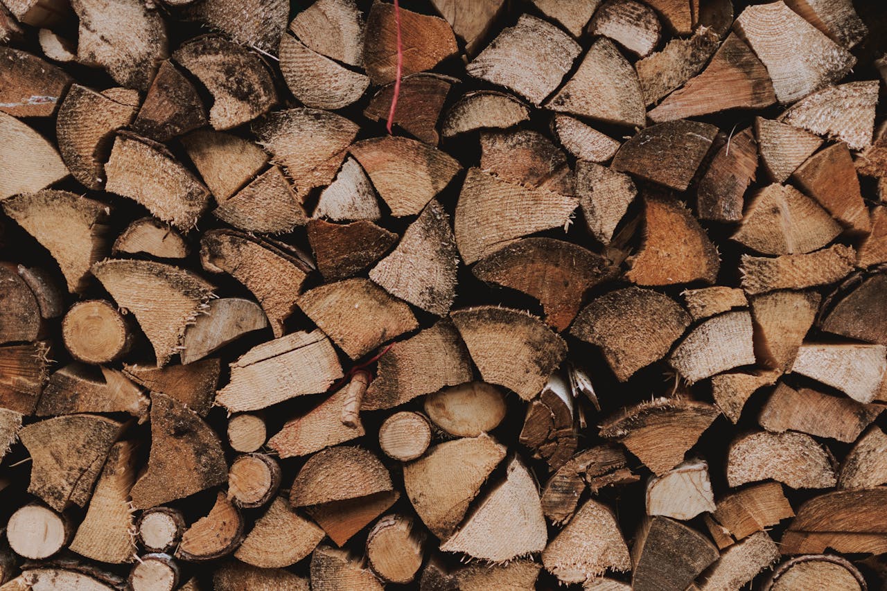 A close-up view of a neatly stacked pile of cut firewood, showcasing the textures and patterns of the wood.